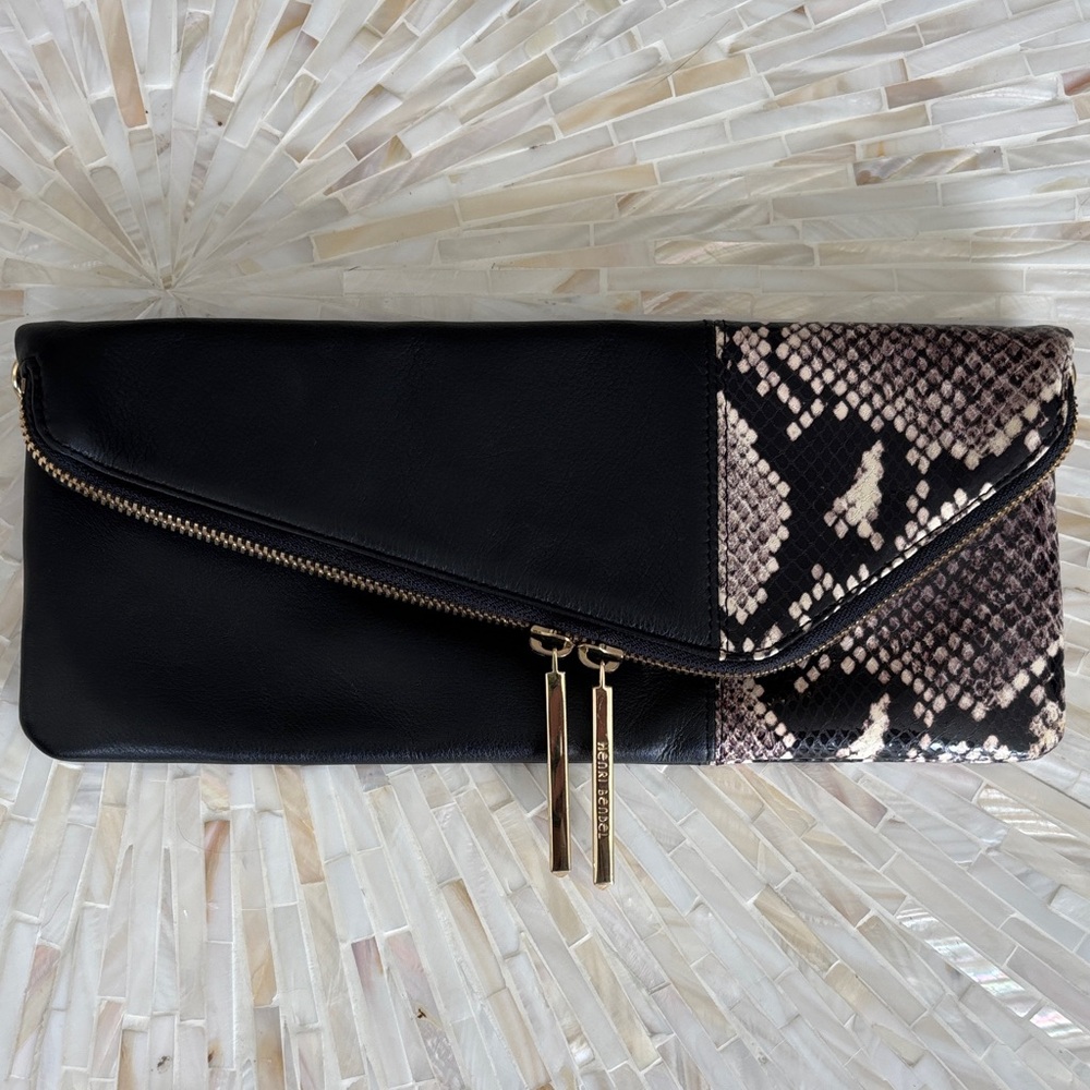 Henri Bendel Colorblock Snakeskin Asymmetrical Zip Clutch